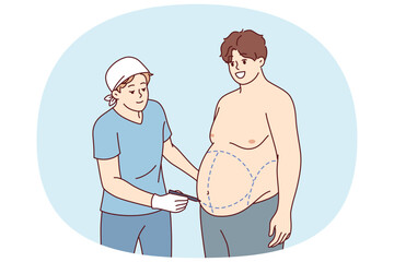 Preparation for liposuction for fat man who wants to get rid of excess weight and saggy belly. Guy visits surgeon for liposuction and abdominoplasty to get attractive body without effort