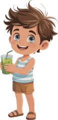 Cute happy cartoon boy drinking healthy green juice, summer child character illustration, smiling kid holding glass beverage, healthy lifestyle concept art
