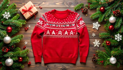 Red Christmas sweater on a wooden background with festive decorations