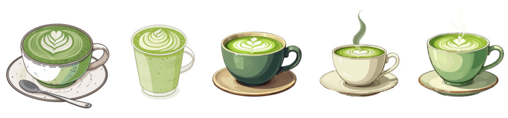 Five Artistic Illustrations Of Matcha Beverages In Various Vessels With Decorative Foam. Vector Illustration Collection Set