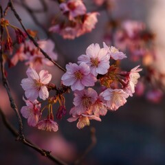 Delicate pink cherry blossoms in soft evening light