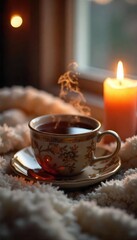 A steaming cup of tea rests on a warm, fuzzy blanket next to a lit candle, radiating comforting heat perfect for relaxation , rejuvenation, serenity