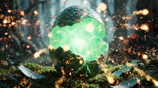 Mystical Dragon Egg Hatching with Glowing Green Energy in an Enchanted Forest