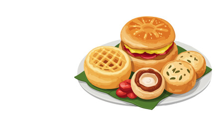 A Delicious and Wholesome Breakfast Spread Featuring a Burger, Waffles, and Savory Muffins