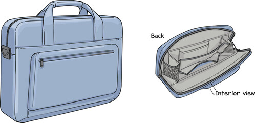 Laptop bag technical drawing, front and back view, interior design, vector illustration, travel accessory, business briefcase, organizer bag, professional style, fashion sketch, garment template