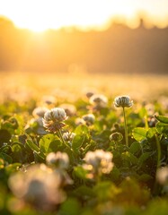 A field of clover blossoms at sunrise