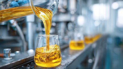 Golden liquid pouring into small glass containers on conveyor