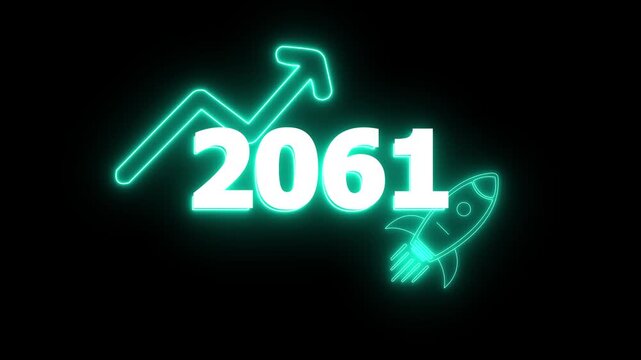 Neon 2061 year with upward arrow graph and rocket ship icon on black background new year Glow Against Dark Jahreswechsel, Schrift mit Neonschein 4k video Background animation