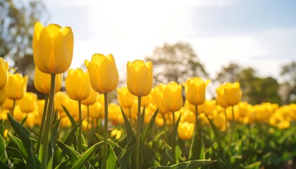 A field of bright yellow tulips in sunlight