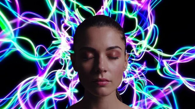 Conceptual visualization of energy waves radiating from a woman&rsquo;s head, symbolizing meditation and mindfulness.