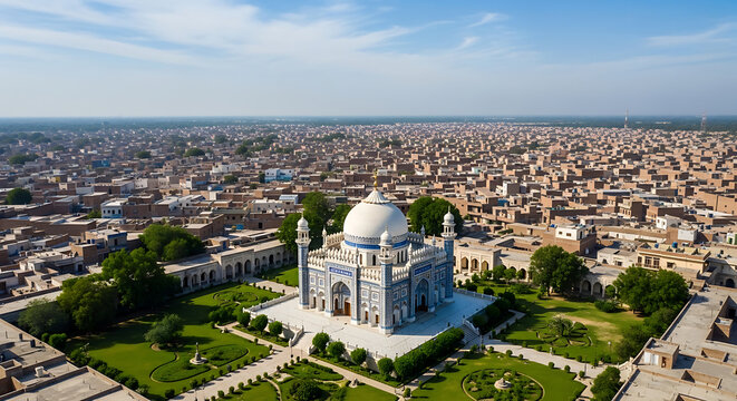 Drone view showing a famous Sufi shrine with a white dome surrounded by gardens and courtyards, set against the dense urban sprawl of Multan city.
