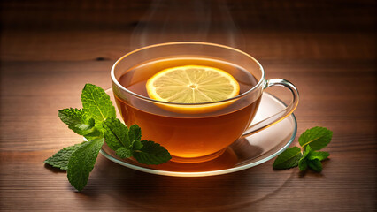 Hot Lemon Tea in Glass Cup with Mint Leaves on Wooden Table