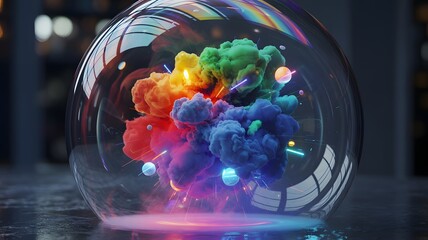 Vibrant rainbow colored smoke swirling inside a clear glass sphere
