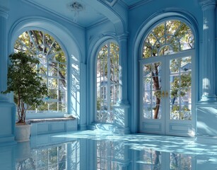 Light-filled, pale blue interior with arched windows and doors. Sunlight streams in