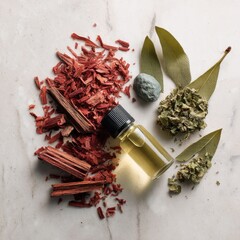 Red wood chips, essential oil, and herbs on marble