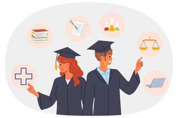 Two graduating students choose future profession or field to build successful career. Man and woman in graduate robes are studying proposals from universities offering new profession.