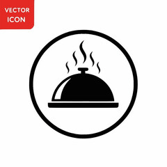 Fototapeta premium A steaming food cloche on a plate, a vector icon inside a circle for restaurants, catering, or food service.