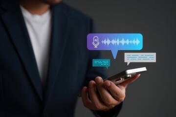 Voice assistant AI concept with person using smartphone,voice recognition and speech to text technology,AI powered chatbot interface for digital conversation and automation