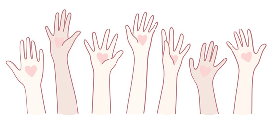 The illustration shows diverse hands raised high, each with a heart, symbolizing love and community spirit