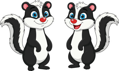 Cute cartoon skunks standing together, funny black and white forest animals, adorable wildlife characters illustration, happy skunk design for children artwork