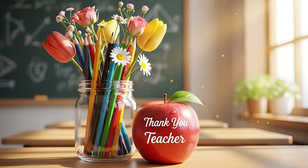 A thank you teacher message with an apple and flowers in a mason jar on a desk in front of a chalkboard, a heartfelt appreciation for educators