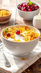 Cereal with yogurt and berries on a wooden table