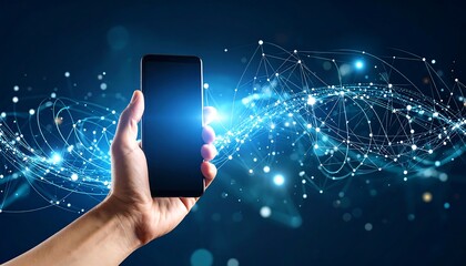 Hand holding smartphone with digital network overlay