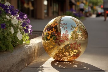 Ornate golden sphere rests on sidewalk beside colorful flowers