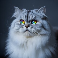 Majestic long haired cat with striking rainbow eyes looking intensely