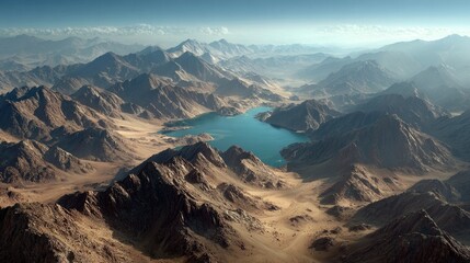 High-altitude desert landscape with a serene lake nestled in a mountain valley