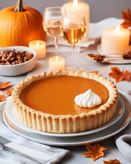Pumpkin Pie dessert on autumn table with candles, Pumpkin Pie for Thanksgiving celebration, homemade Pumpkin Pie holiday background