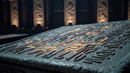 Aged Sumerian bible with cuneiform inscriptions on stone tablets in mystical ancient setting.