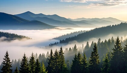 Obraz premium Misty Mountain Majesty: A Serene Sunrise Landscape