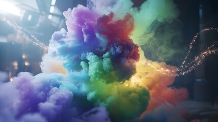 Vibrant rainbow colored smoke cloud explosion abstract background