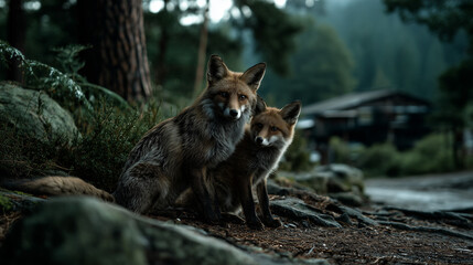 Two Foxes by a Log Cabin in a Forest on a Misty Day