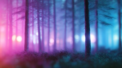 Enchanted, ethereal forest bathed in pink and blue twilight glow, evoking midsummer night's dream, mystical Samhain whispers