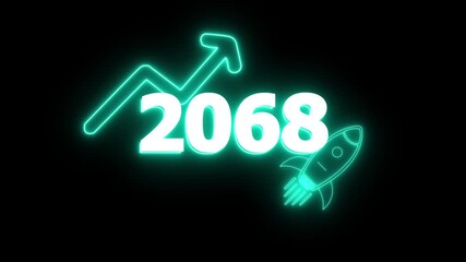 Neon 2068 year with upward arrow graph and rocket ship icon on black background new year Glow Against Dark Jahreswechsel, Schrift mit Neonschein 4k video Background animation