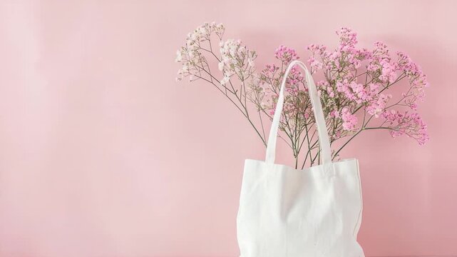 A white bag filled with fresh flowers sits on a table, perfect for decorating or gifting