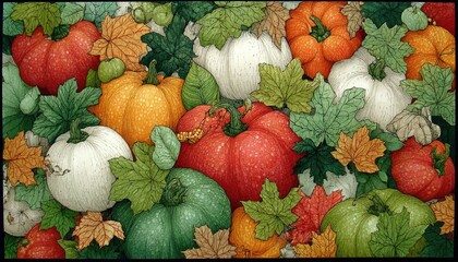 Autumn pumpkins and leaves, detailed