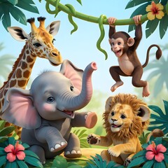 Cute baby elephant giraffe monkey and lion playing together in jungle