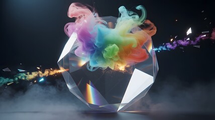Rainbow colored smoke swirls in a clear glass creating a vibrant abstract effect