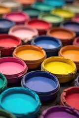 A vibrant array of paint colors in various shades and hues, displayed in small sample pots, ready for selection Perfect for DIY projects, home decor, and artistic inspiration , oil, brown