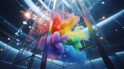 Vibrant rainbow colored ink cloud swirling in futuristic glass structure
