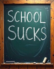 Chalkboard message reading "School Sucks