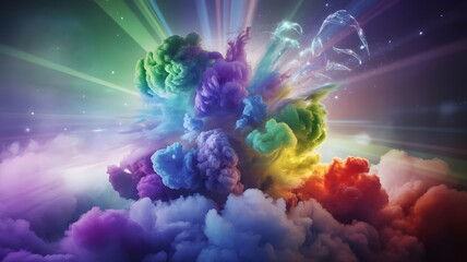Vibrant explosion of rainbow colored smoke and light