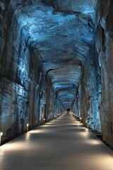 Blue-lit tunnel, rocky walls