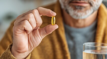 Close-up man's hand holding yellow vitamin pill
