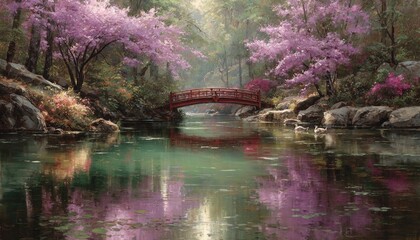Serene spring garden with a red bridge reflecting in a calm pool