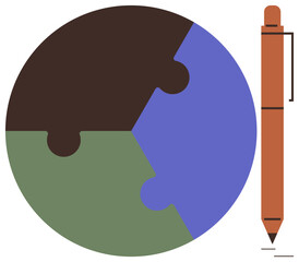 Circular puzzle in earth tones and blue beside a brown pen symbolizing unity, creativity, and strategy. Ideal for sustainability, teamwork, education, creativity, analytics, mentorship solutions