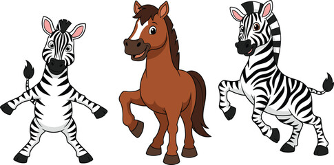 Cute cartoon zebras and horse standing, playful animal characters, wildlife illustration, friendly farm animals, black and white striped zebras, brown horse mascot, fun animal vector art